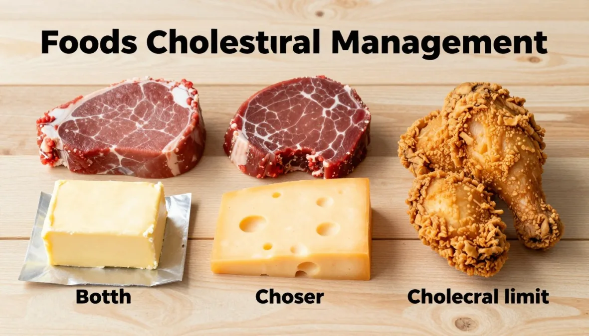 foods high in saturated fats and cholesterol that should be limited including red meat, butter, and fried foods