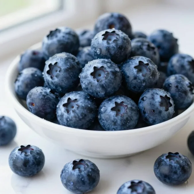 fresh blueberries in a white bowl with scattered berries on marble surface