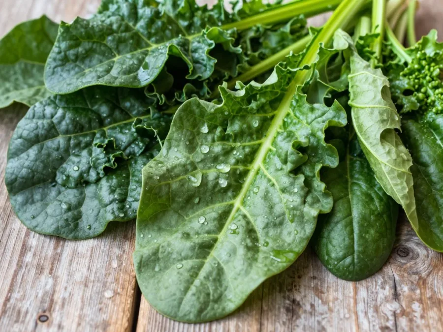 fresh dark leafy greens including spinach and kale, vegetables that help lower cholesterol