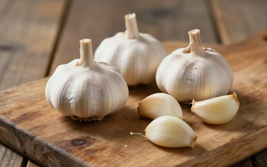 fresh garlic bulbs and cloves on a wooden cutting board