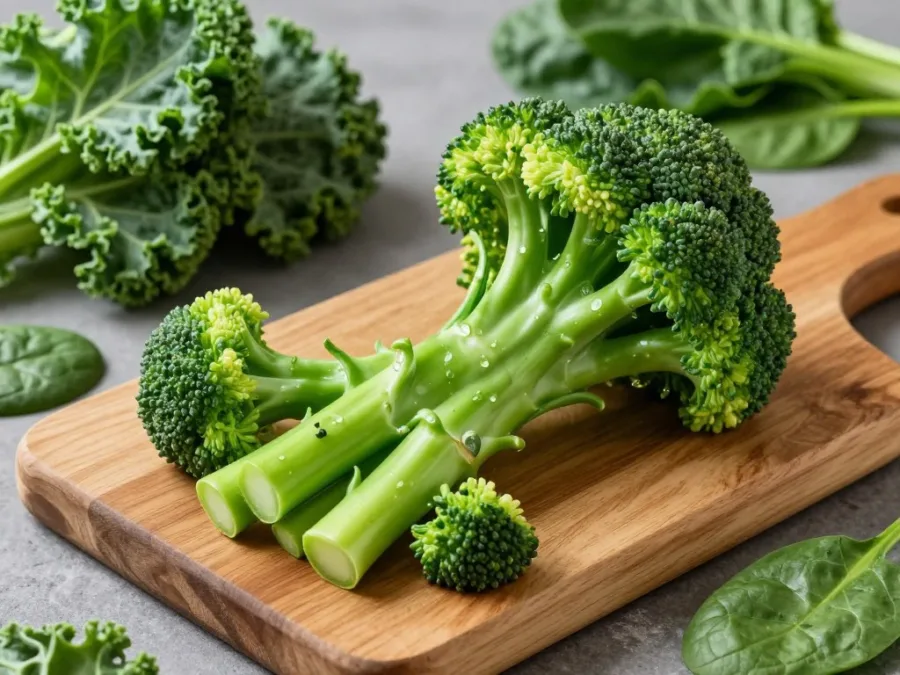 fresh green broccoli florets on cutting board with vitamin-rich vegetables
