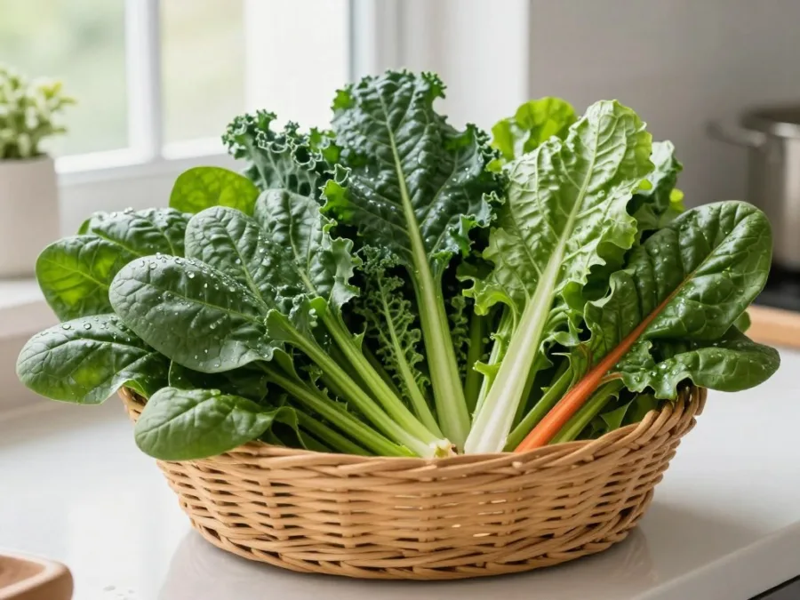 fresh leafy greens including spinach kale and swiss chard arranged in a basket