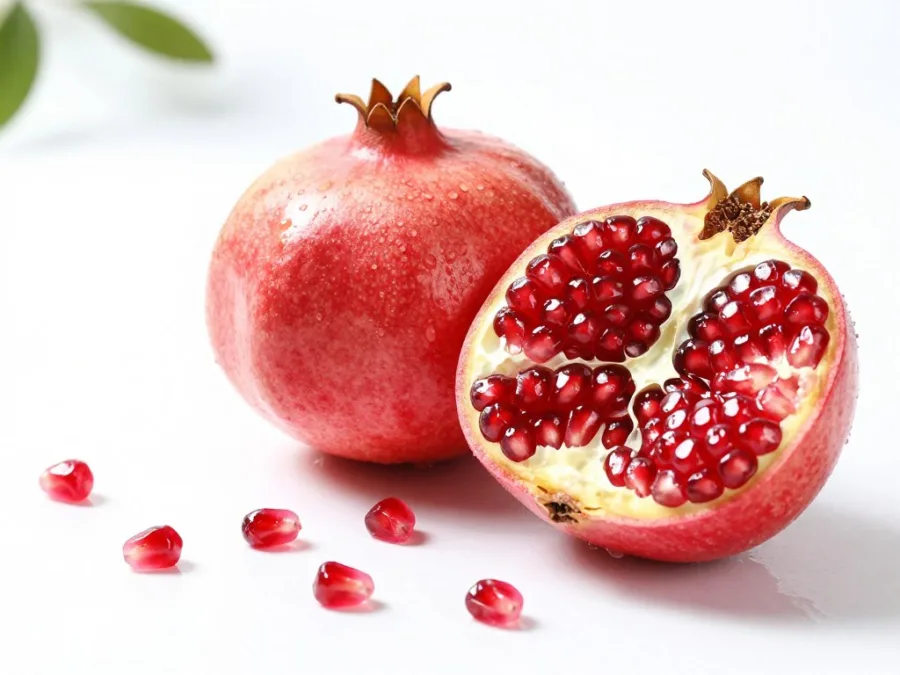 fresh pomegranate cut open showing ruby red seeds