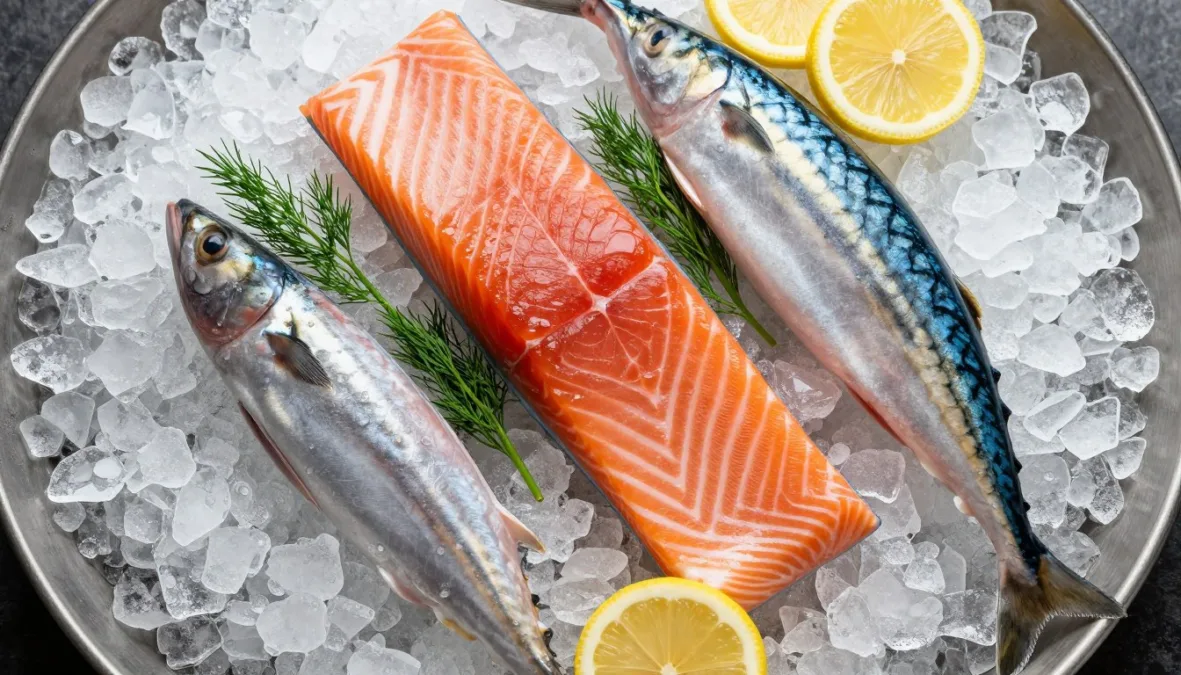 fresh salmon fillet with omega-3 rich fish varieties displayed on ice with herbs