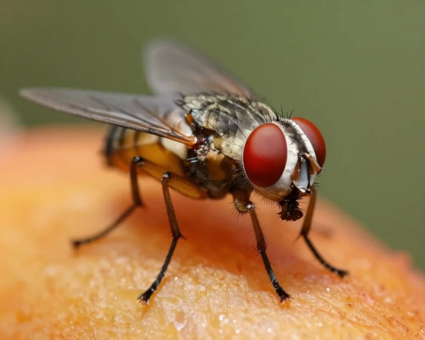 fruit fly on overripe produce showing small size and red eyes