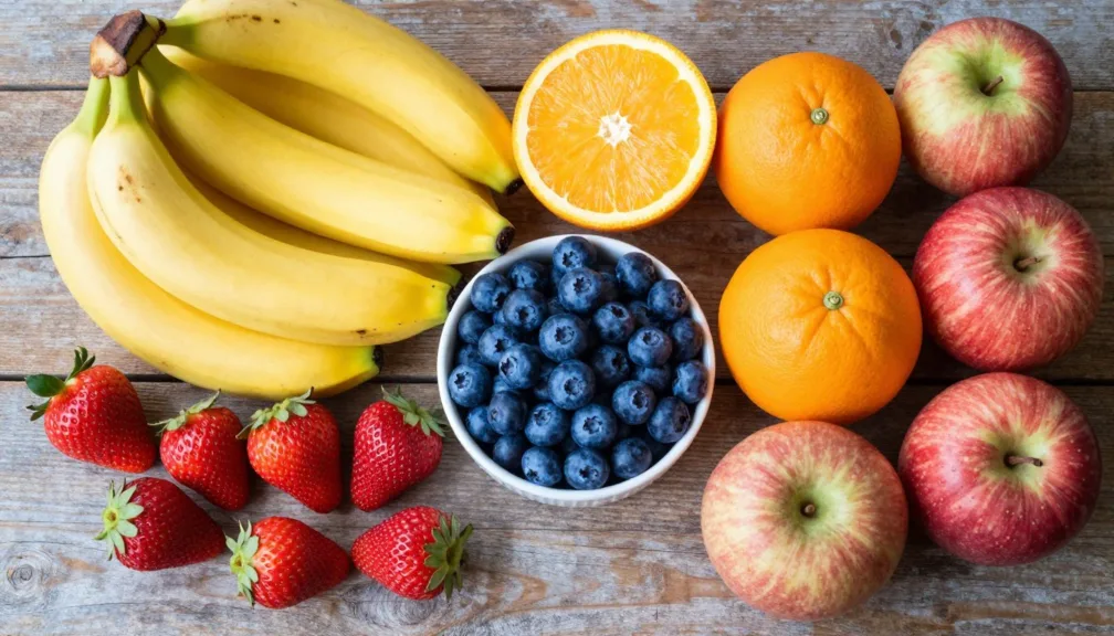 fruits for energy arranged colorfully on wooden table with bananas berries and oranges