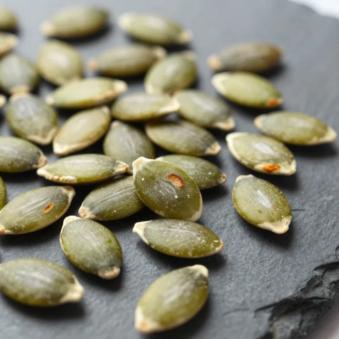 green pumpkin seeds scattered on a surface