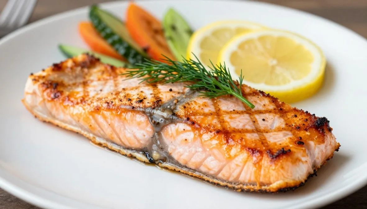 grilled salmon fillet with herbs, a fatty fish rich in omega-3s that helps lower cholesterol