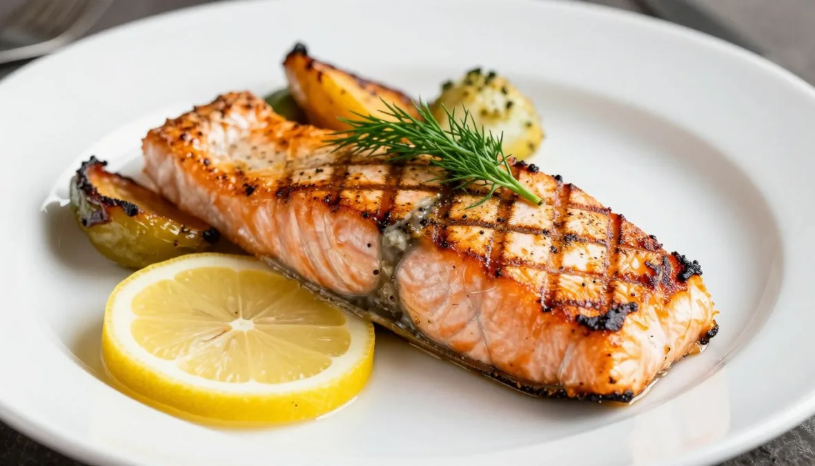 grilled salmon fillet with herbs on a plate alongside heart healthy vegetables