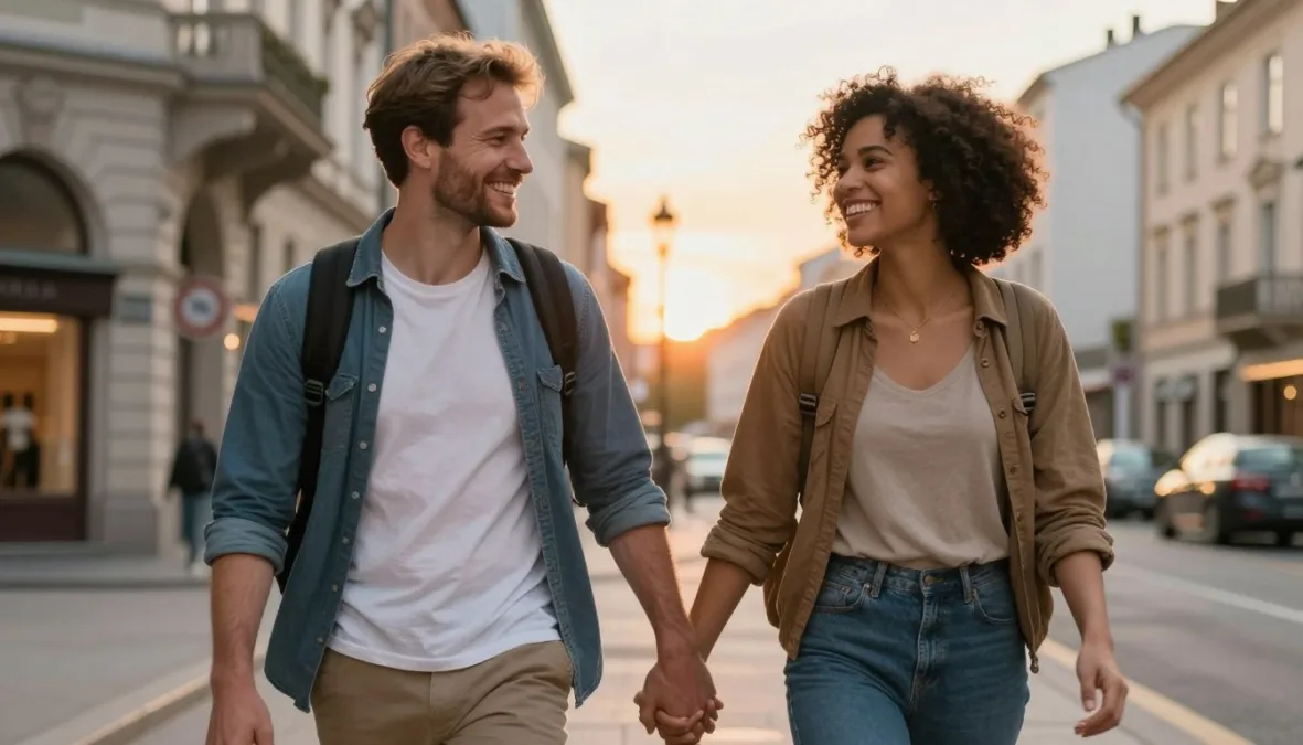 happy couple who met while traveling as singles