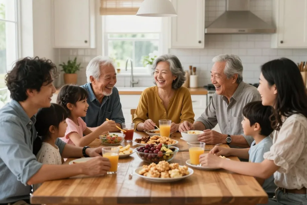 happy family eating healthy snacks together