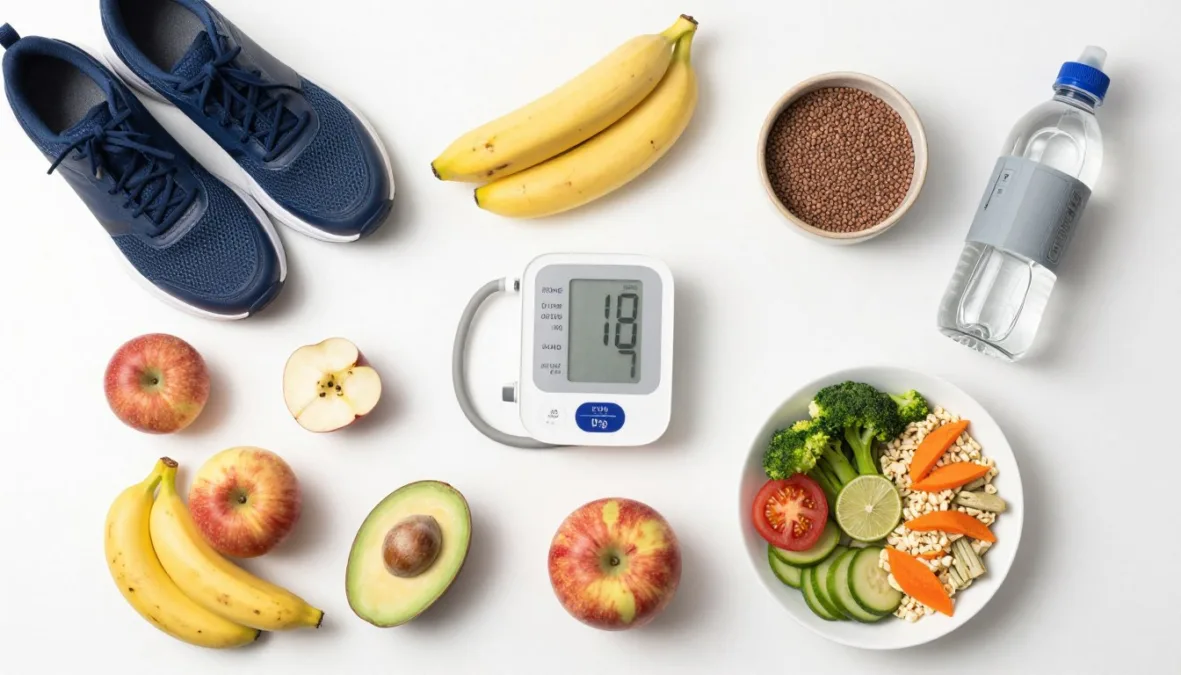 healthy lifestyle concept with nutritious foods exercise equipment and health monitoring devices