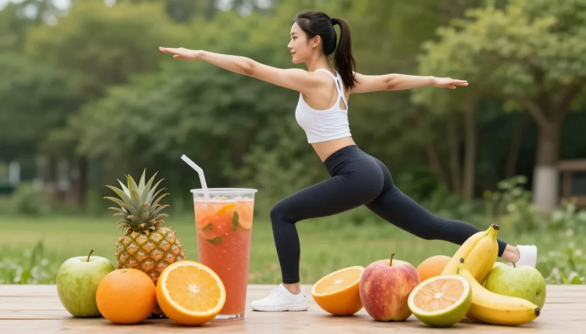 healthy lifestyle with variety of energy boosting fruits and active person