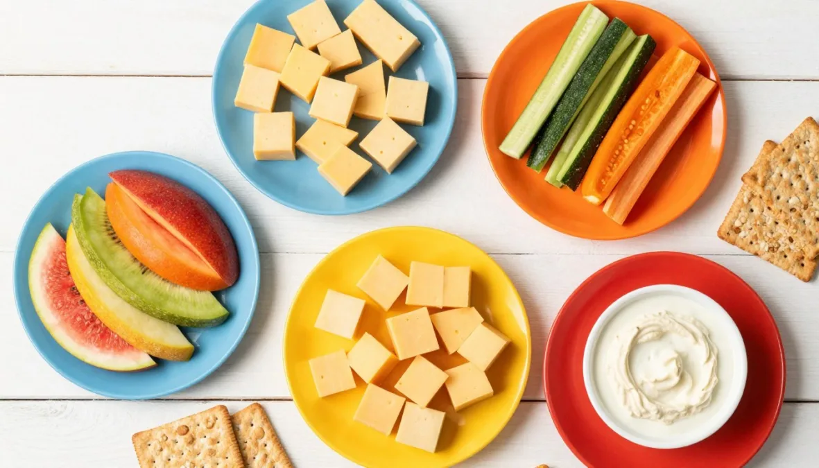 healthy snacks for kids arranged on colorful plates