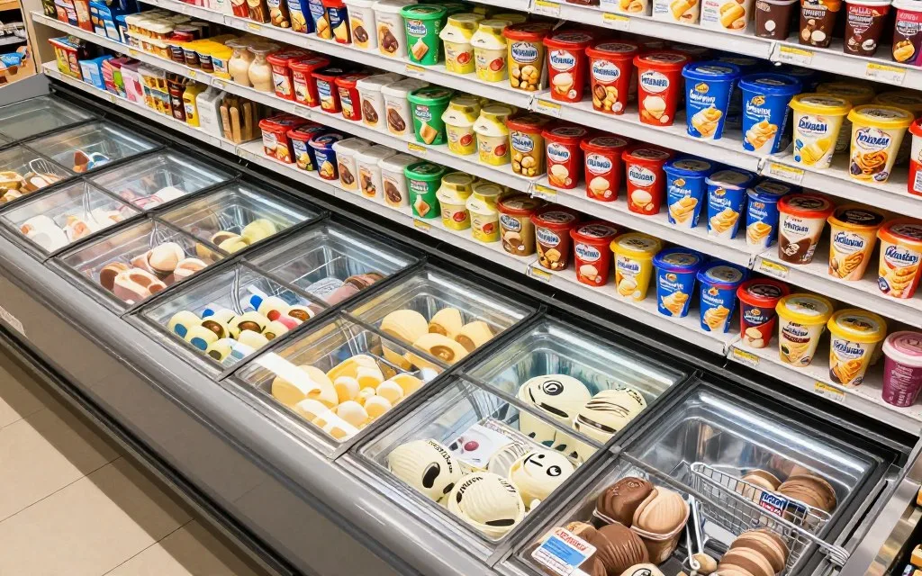 ice cream selection in grocery store freezer