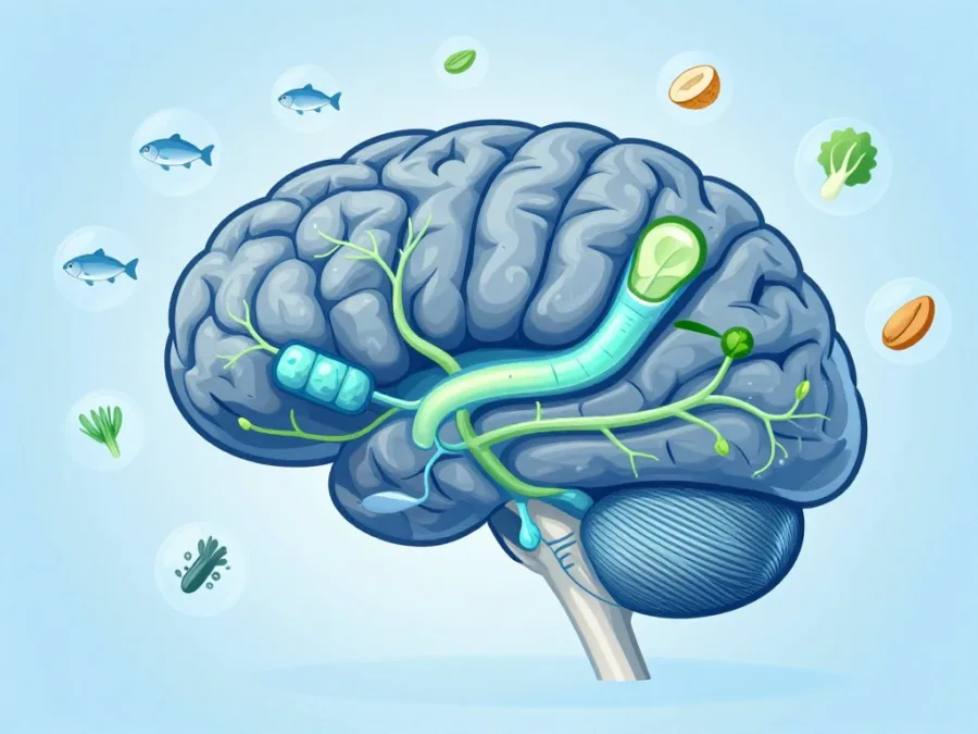 illustration of human brain with highlighted neural pathways showing nutrient absorption and cognitive function