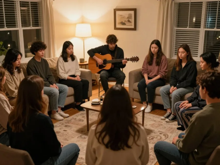 intimate small group worship with acoustic guitar representing great are you lord