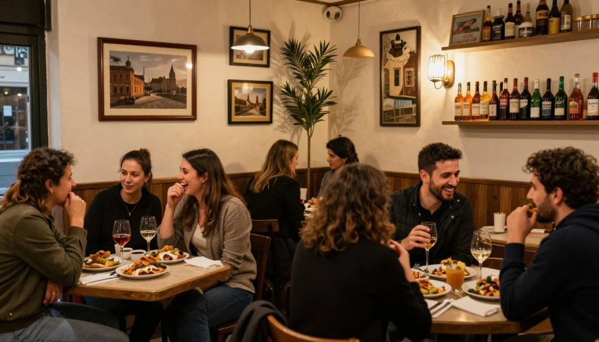 lively Barcelona tapas bar with people socializing and enjoying Spanish culture