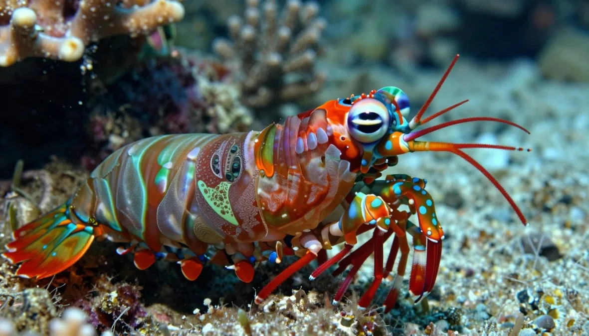 mantis shrimp showing its complex compound eyes underwater