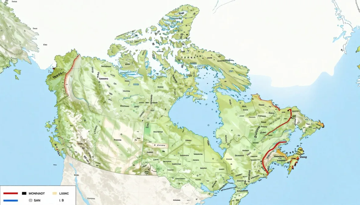 map of Canada showing land border with United States