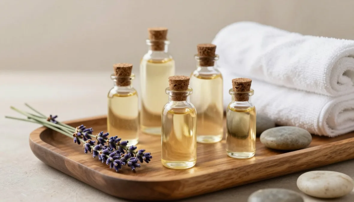 massage oils for relaxation arranged on peaceful spa setting