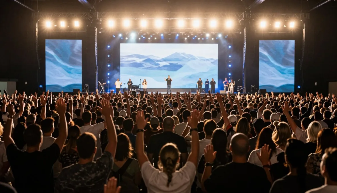 massive worship crowd with hands raised singing our god