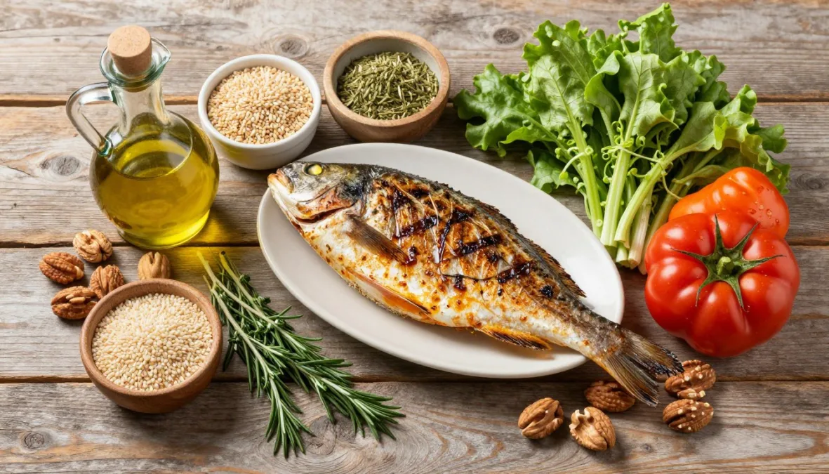 mediterranean diet foods including olive oil, fish, vegetables, and nuts