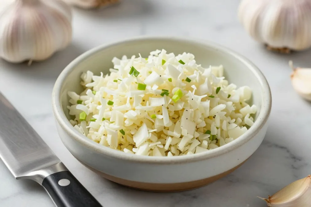 minced garlic in a small bowl with knife