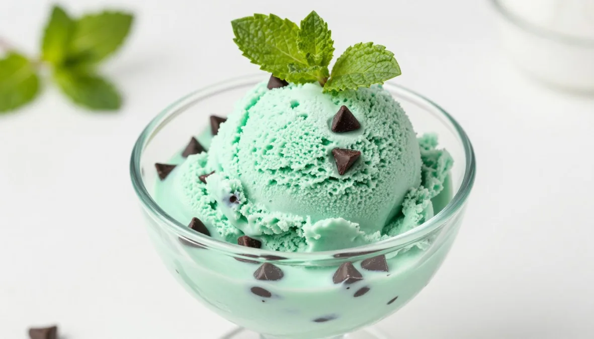 mint chocolate chip ice cream with green color and chocolate chips