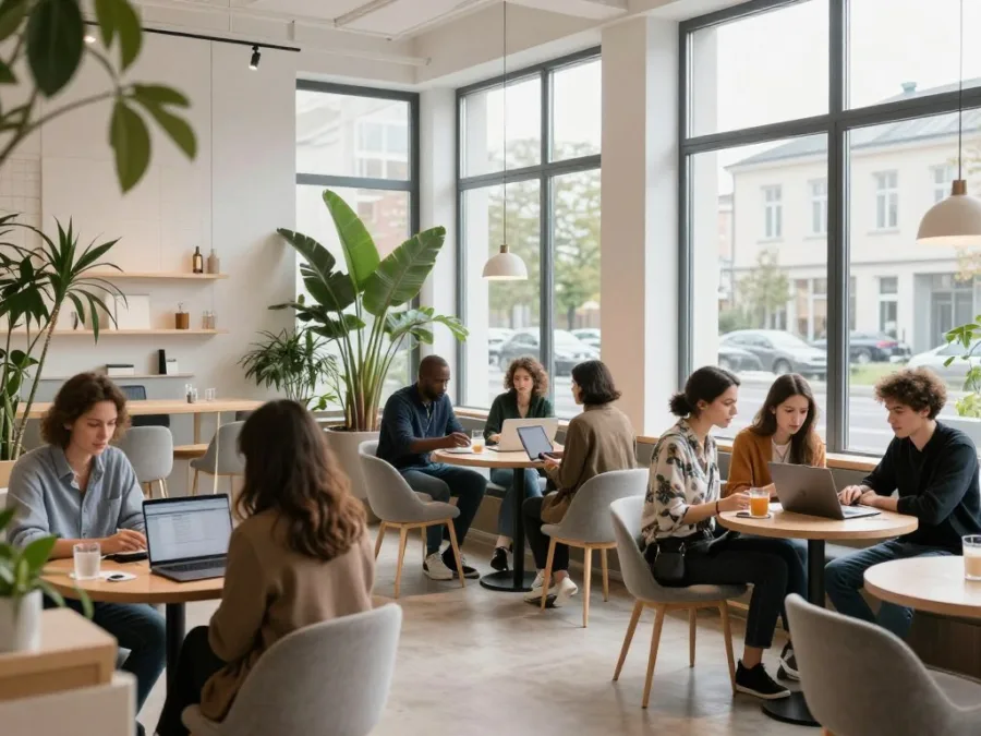 modern Berlin cafe with diverse people working and socializing