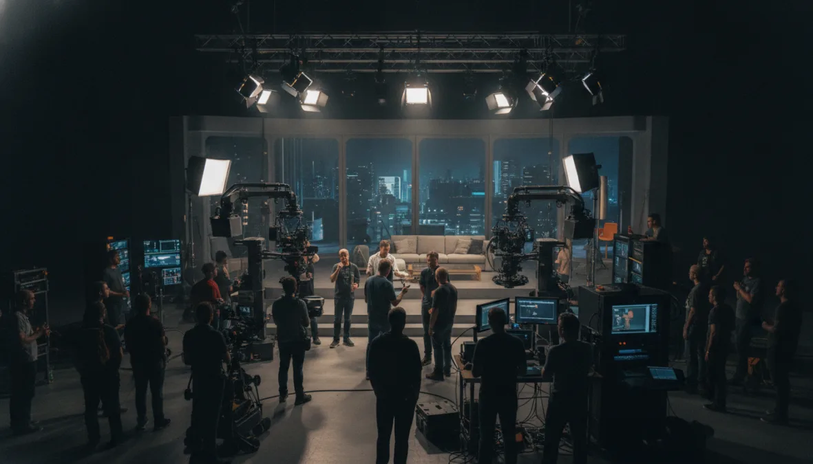 modern film production set with advanced technology equipment
