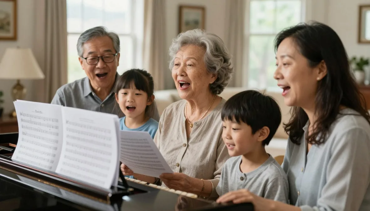 multi-generational family singing worship songs together at home