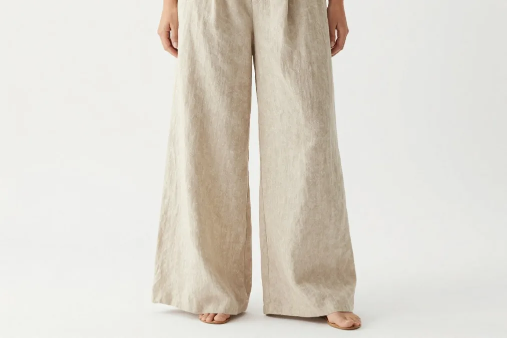 natural linen wide leg pants product photography