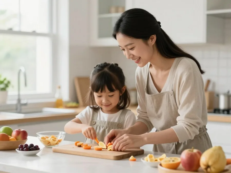 parent and child preparing healthy snacks together in kitchen