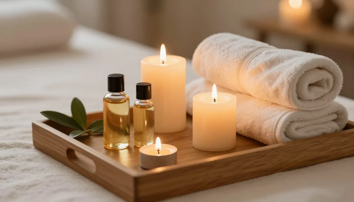peaceful relaxation scene with massage oils and spa elements