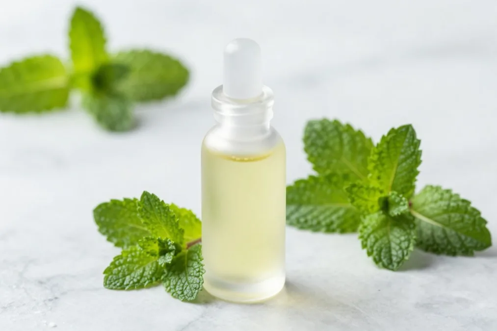 peppermint essential oil massage blend with fresh mint leaves