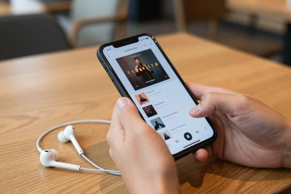 person creating worship playlist on smartphone with headphones