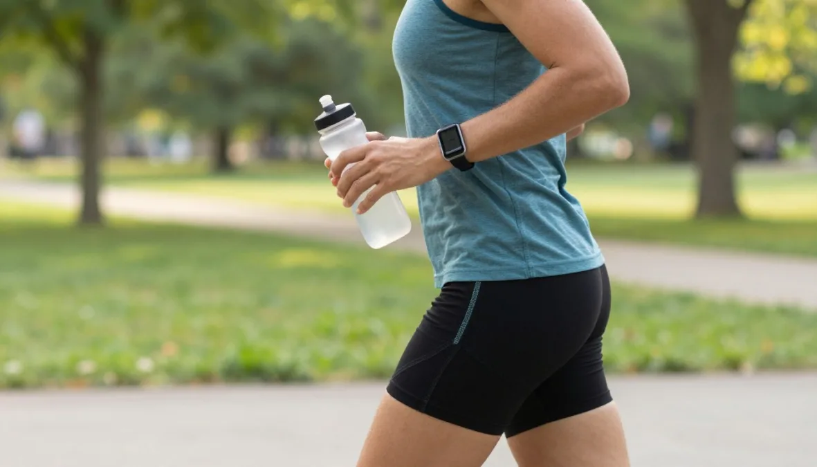 person exercising outdoors with heart rate monitor and water bottle