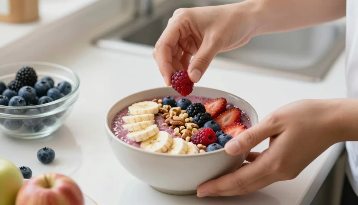 person preparing fruit smoothie bowl for healthy energy lifestyle
