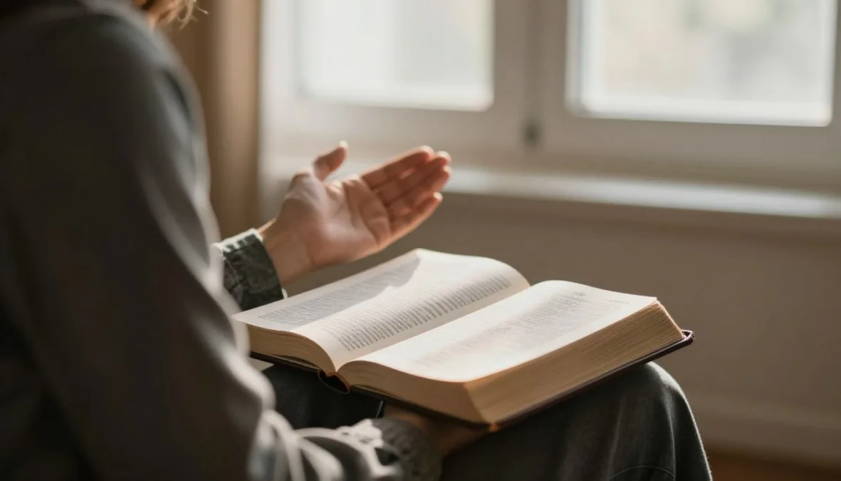 person worshiping with bible open representing 10000 reasons bless the lord