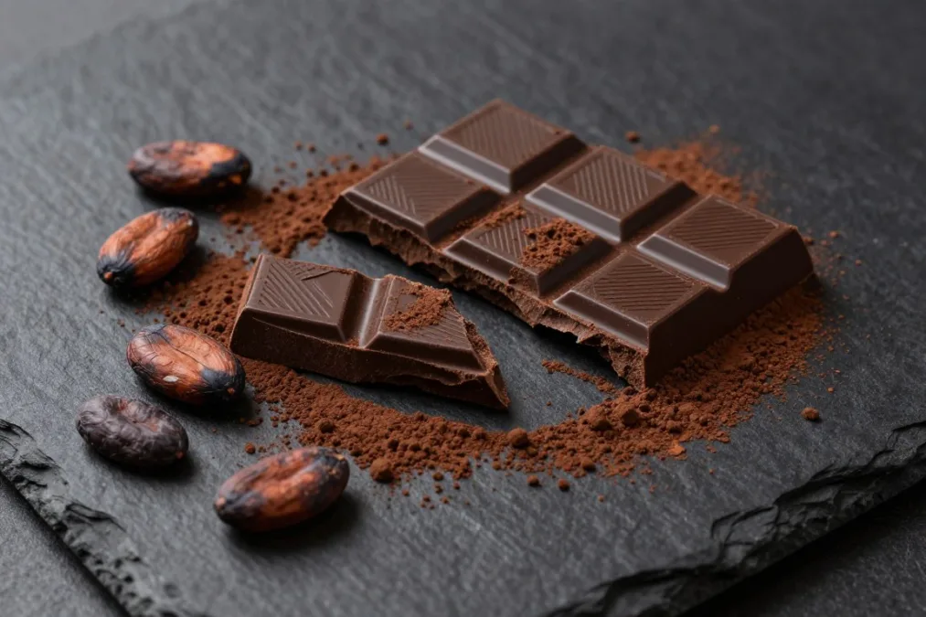 pieces of dark chocolate with cocoa powder, showing antioxidant-rich foods that help lower cholesterol in moderation