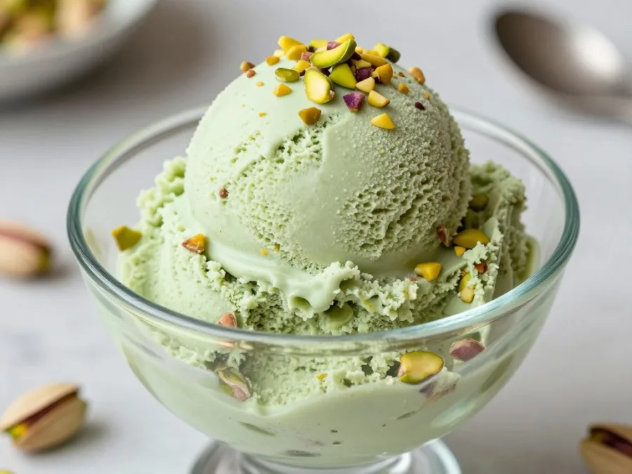pistachio ice cream with green color and nut pieces