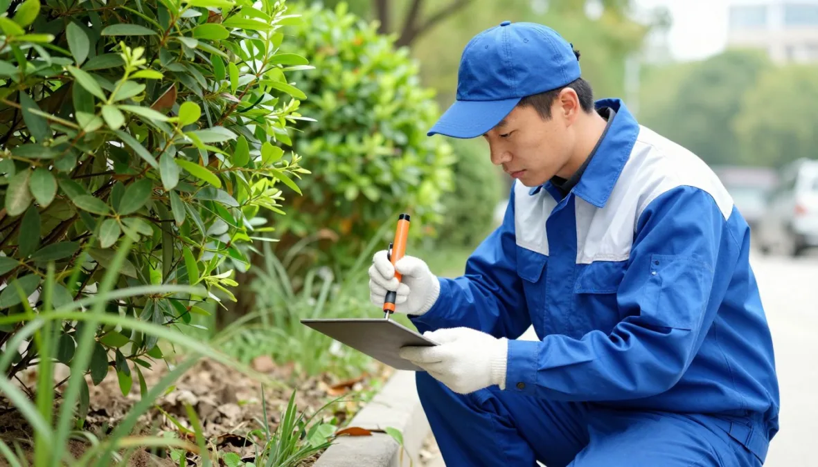 professional pest control technician inspecting property for fly breeding sites