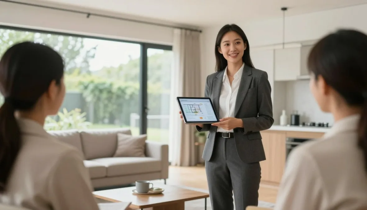 professional woman real estate agent showing property to clients with tablet and documents