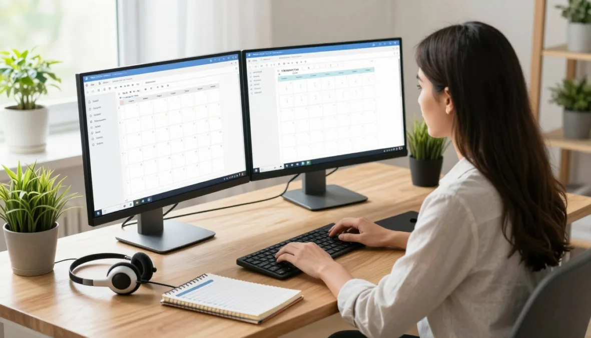 professional woman virtual assistant working from home office managing multiple client tasks