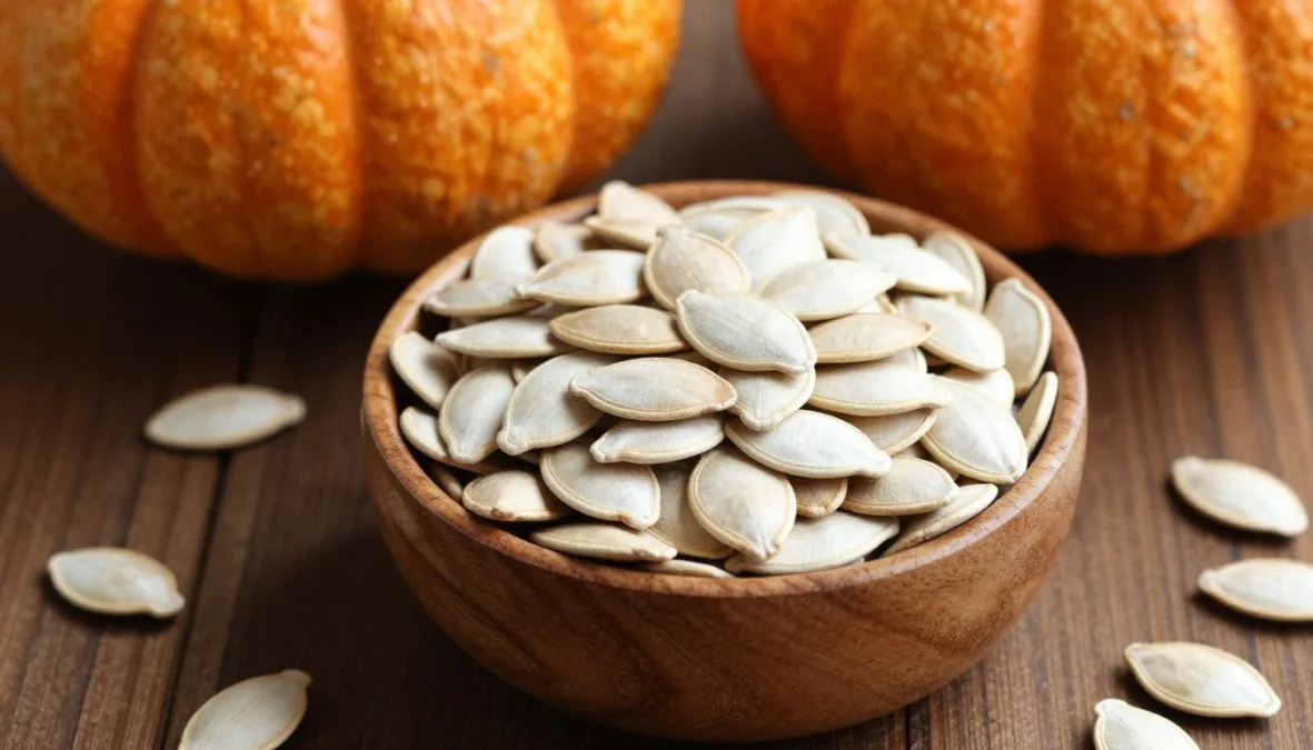 pumpkin seeds in wooden bowl with whole pumpkin and scattered seeds