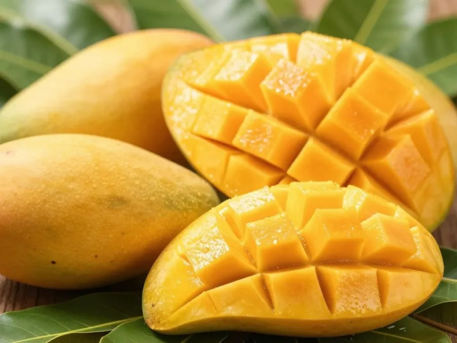 ripe mangoes sliced showing golden flesh rich in vitamins for energy