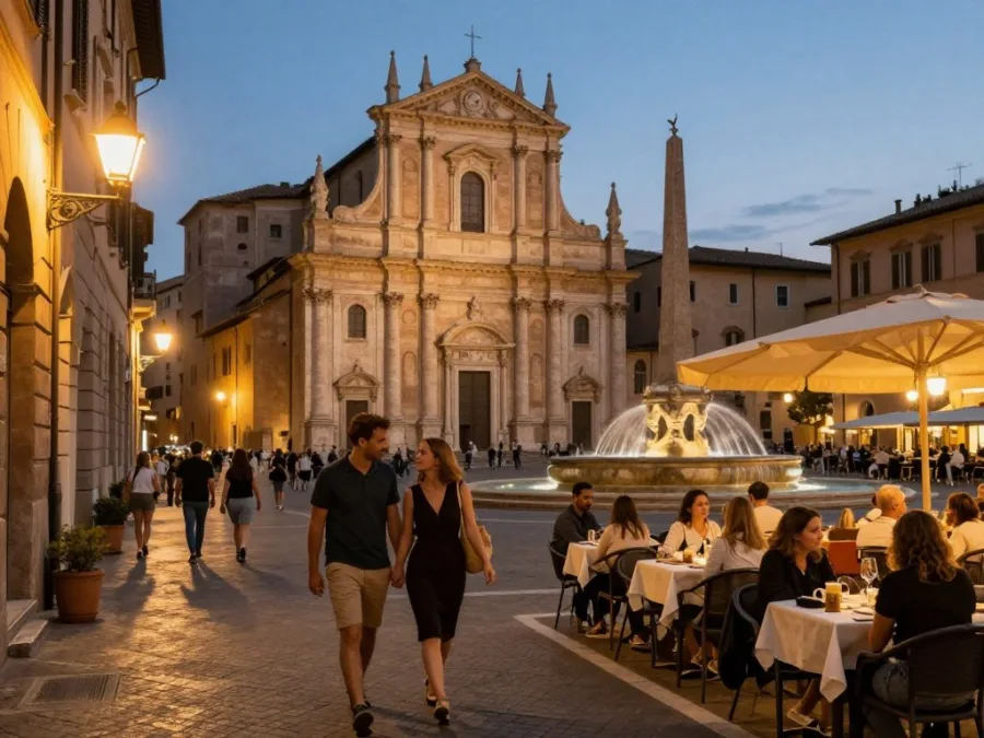 romantic Italian piazza with couples and families enjoying evening passeggiata
