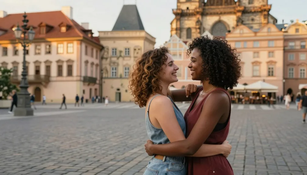 romantic couple embracing in a picturesque European city square at sunset