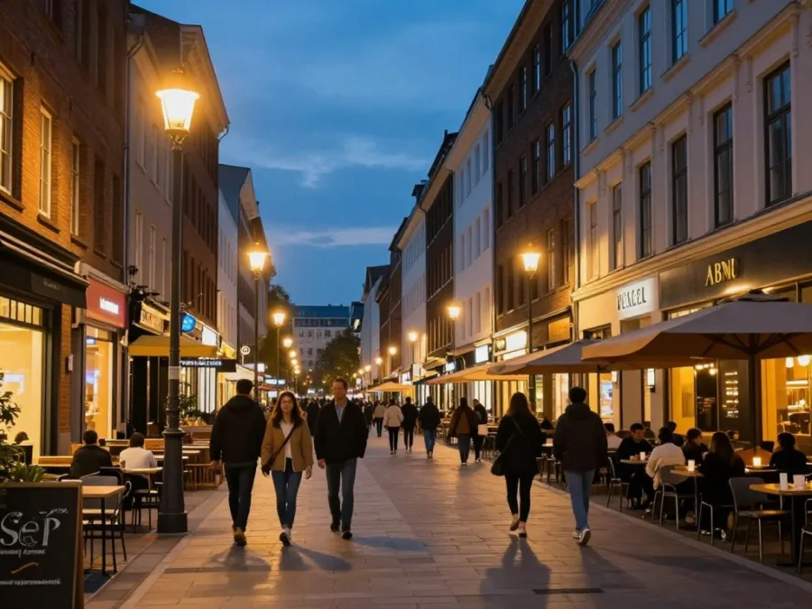 safe well-lit European city center at evening with people walking